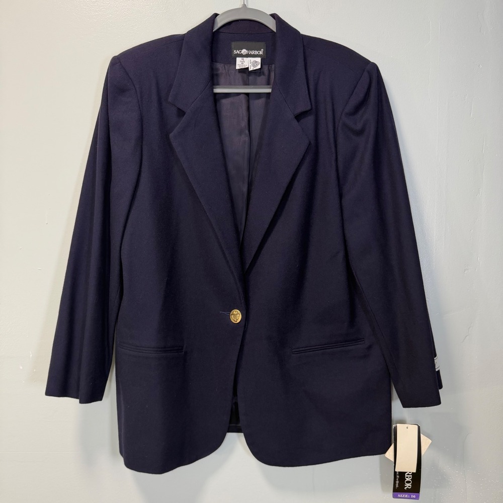 Sag Harbor Vintage 100% Wool Navy Blue Blazer Jacket 3600 Size 16 Career New